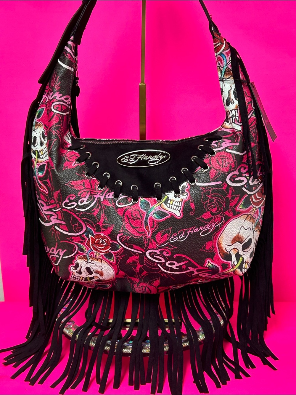 Ed Hardy Black & Pink Skull Fringe Shoulder Bag Approximately 15 x 11